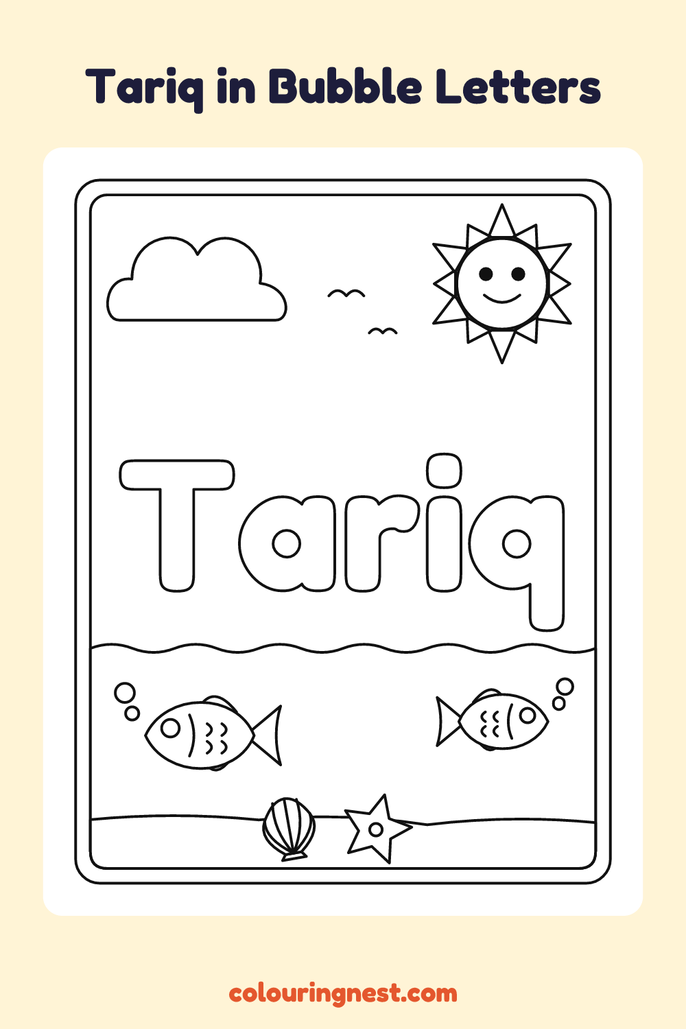 Tariq in Bubble Letters coloring page: free printable black-and-white line art