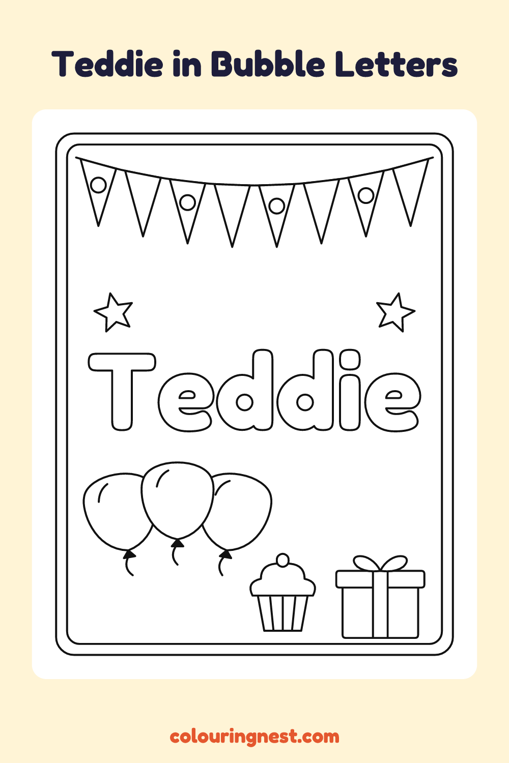 Teddie in Bubble Letters coloring page: free printable black-and-white line art