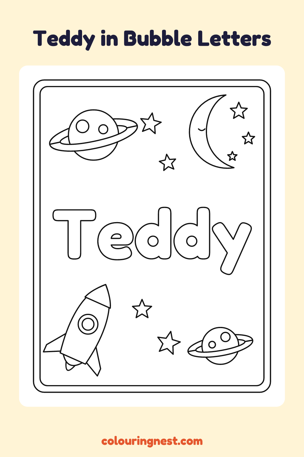 Teddy in Bubble Letters coloring page: free printable black-and-white line art