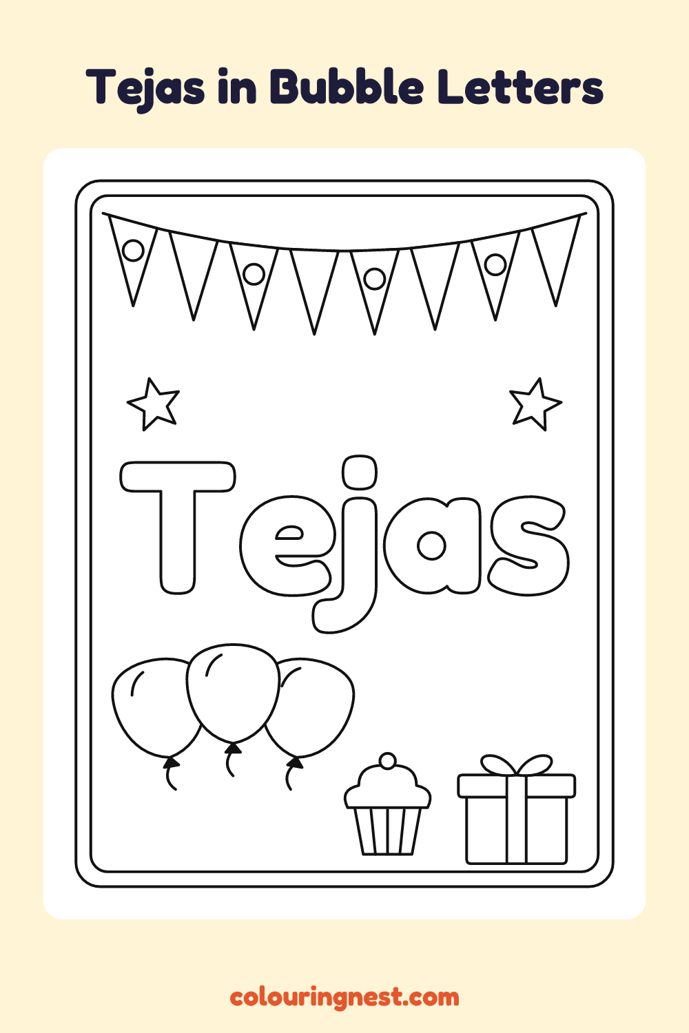 Tejas in Bubble Letters coloring page: free printable black-and-white line art