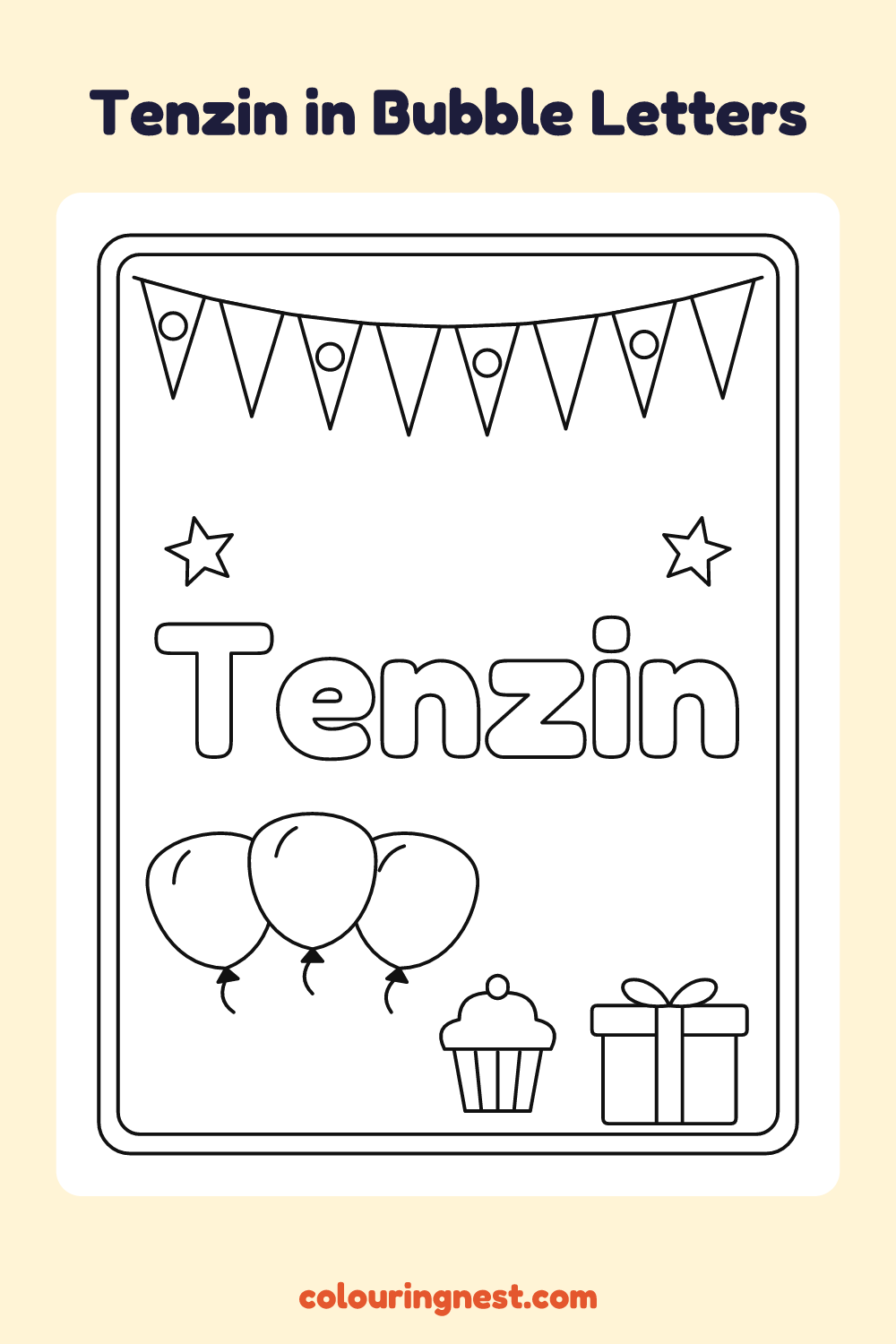 Tenzin in Bubble Letters coloring page: free printable black-and-white line art
