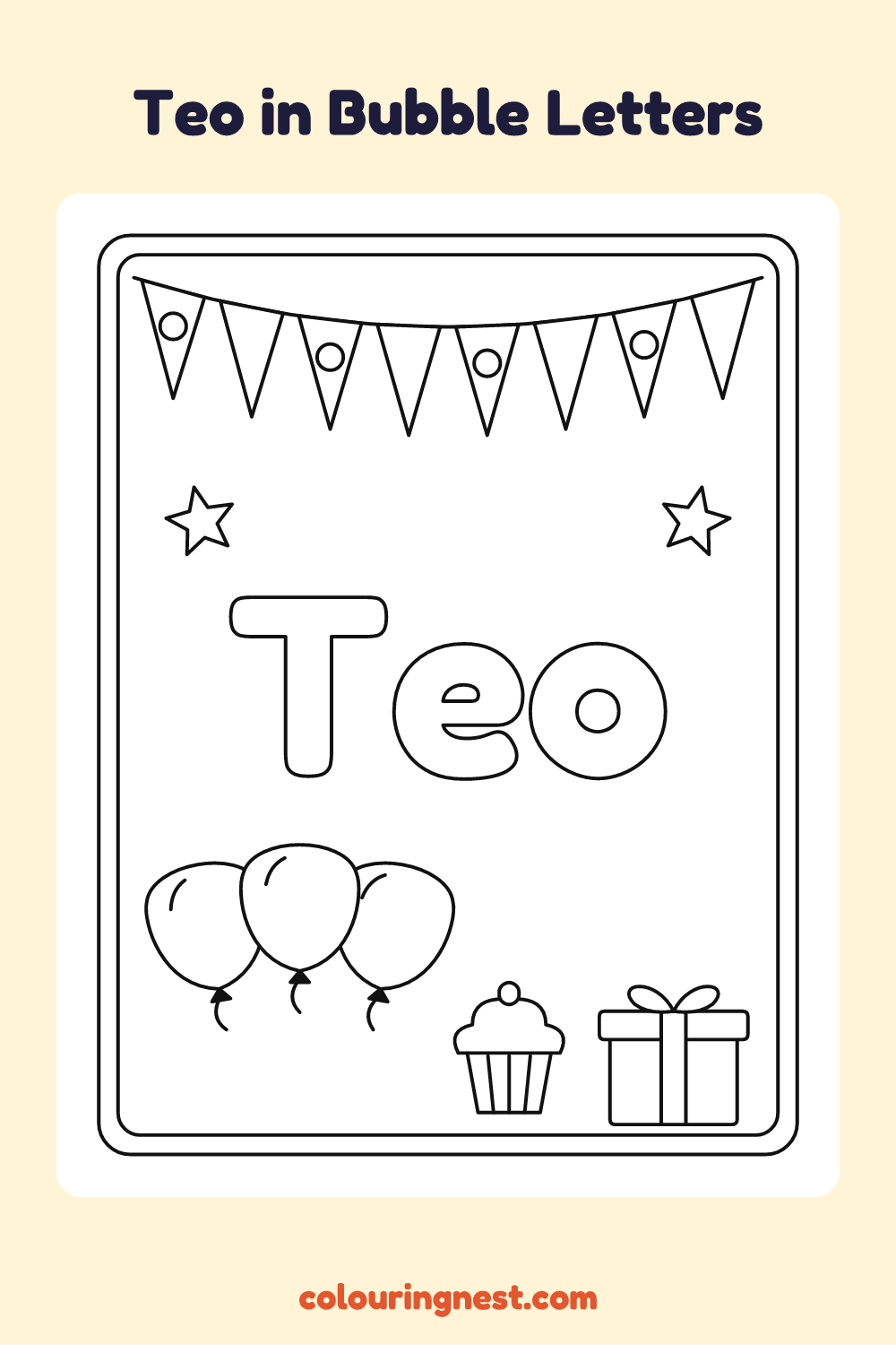 Teo in Bubble Letters coloring page: free printable black-and-white line art