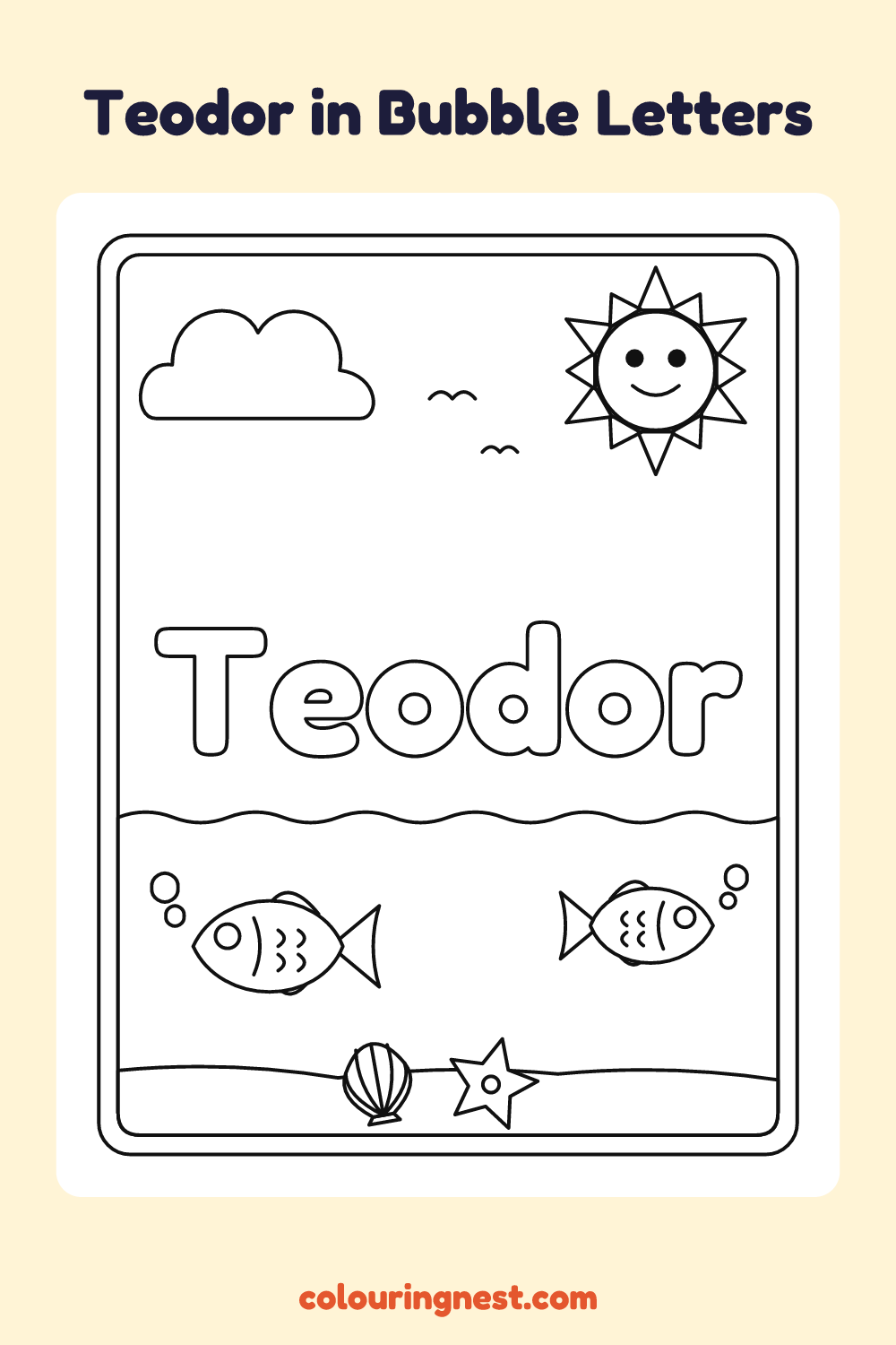 Teodor in Bubble Letters coloring page: free printable black-and-white line art