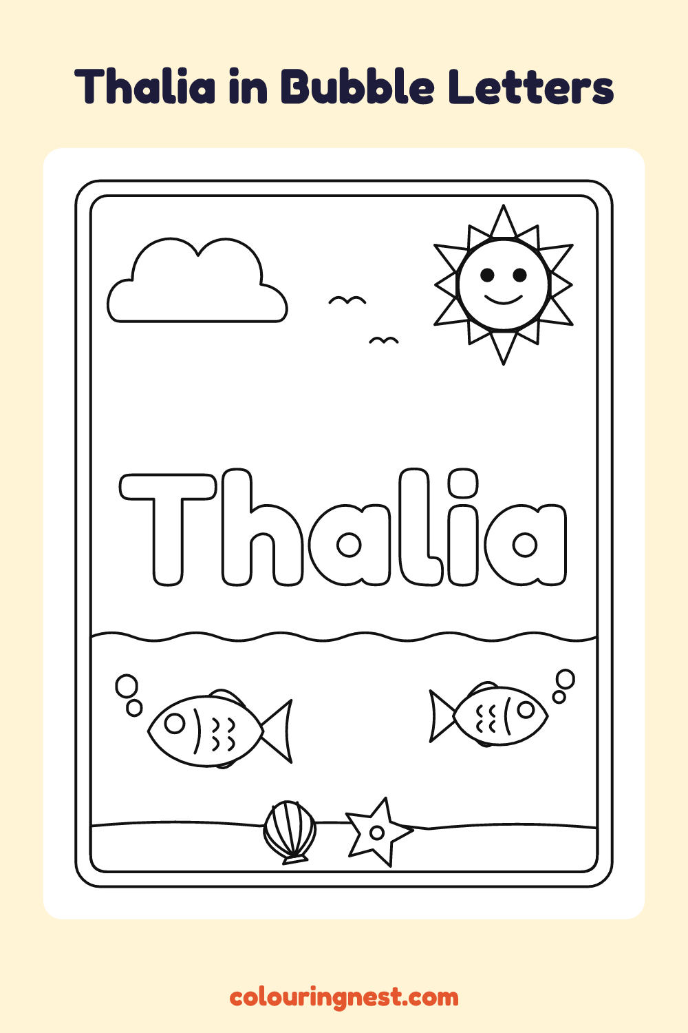 Thalia in Bubble Letters coloring page: free printable black-and-white line art