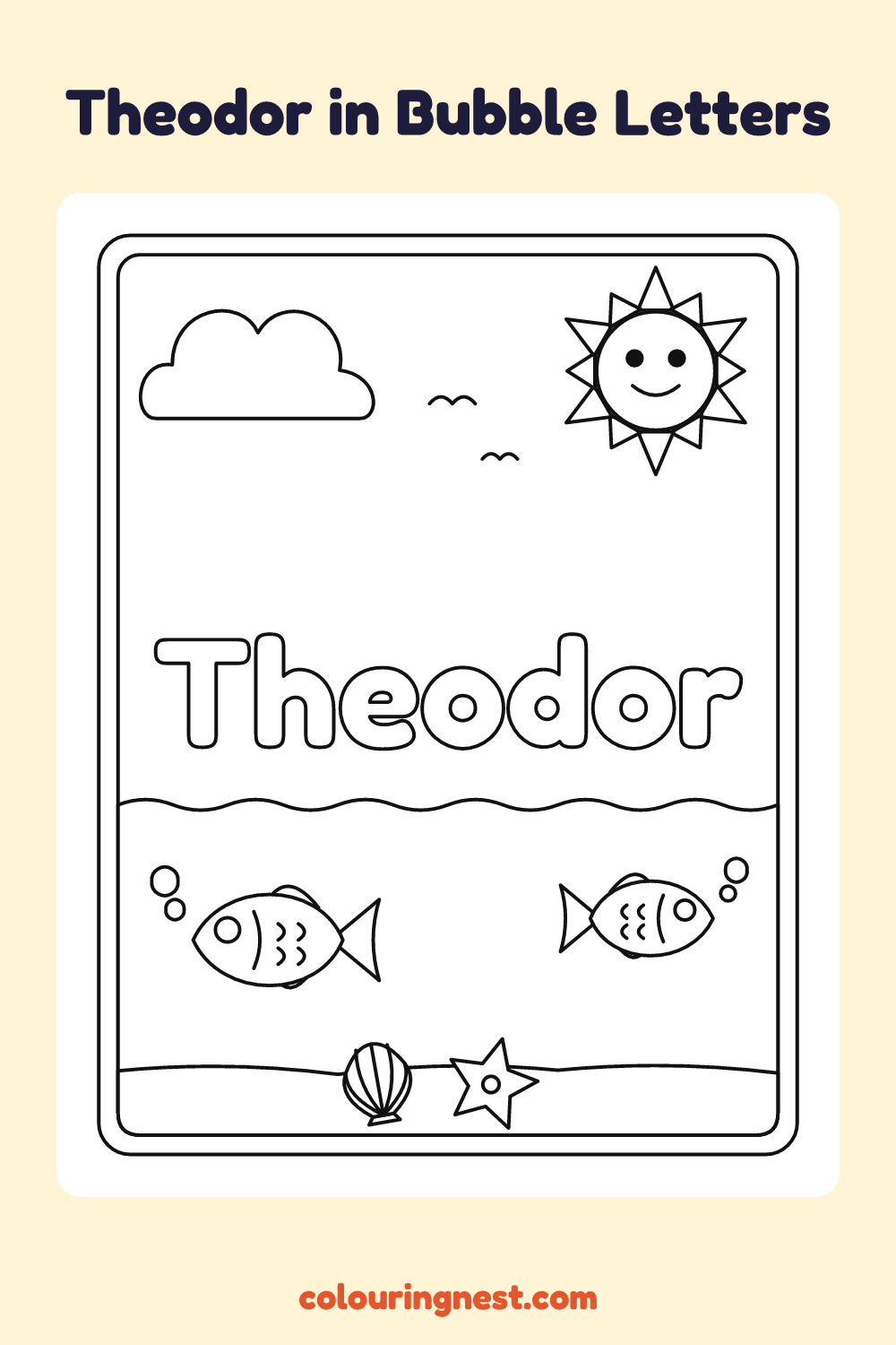 Theodor in Bubble Letters coloring page: free printable black-and-white line art