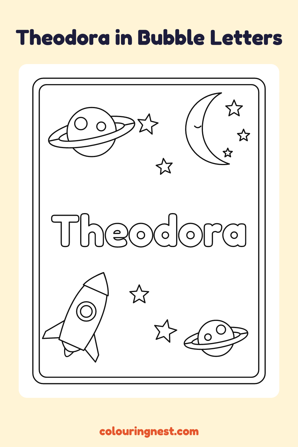 Theodora in Bubble Letters coloring page: free printable black-and-white line art