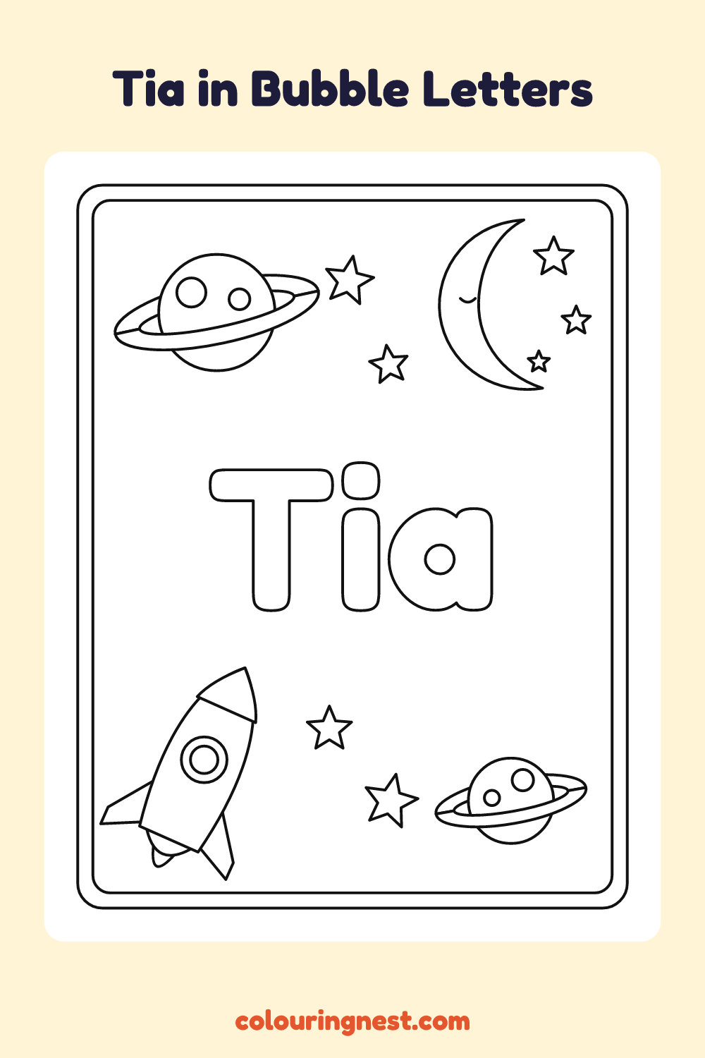 Tia in Bubble Letters coloring page: free printable black-and-white line art