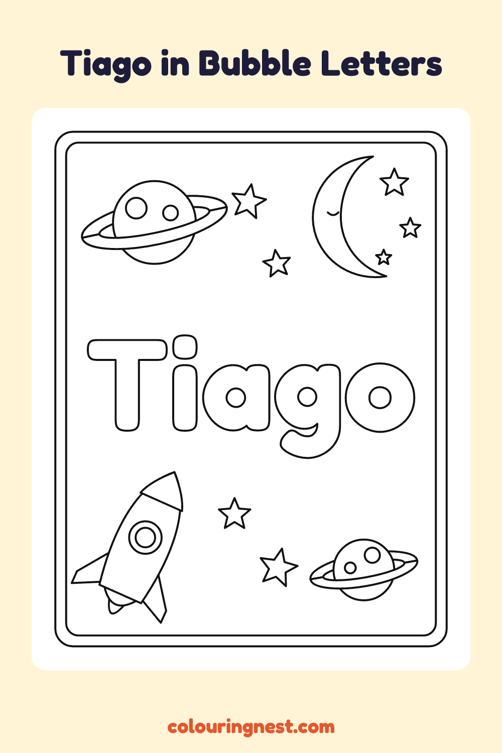Tiago in Bubble Letters coloring page: free printable black-and-white line art