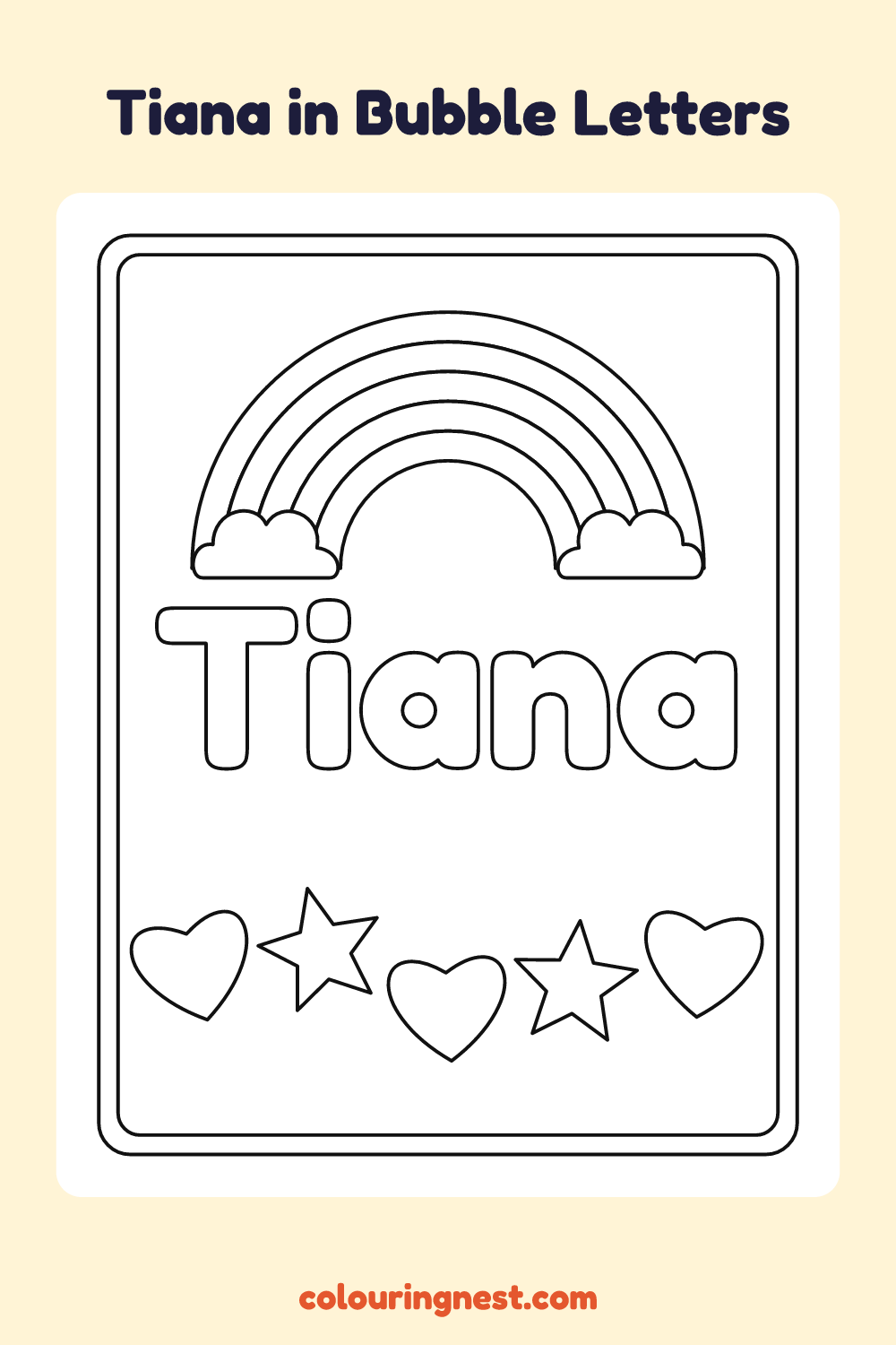 Tiana in Bubble Letters coloring page: free printable black-and-white line art