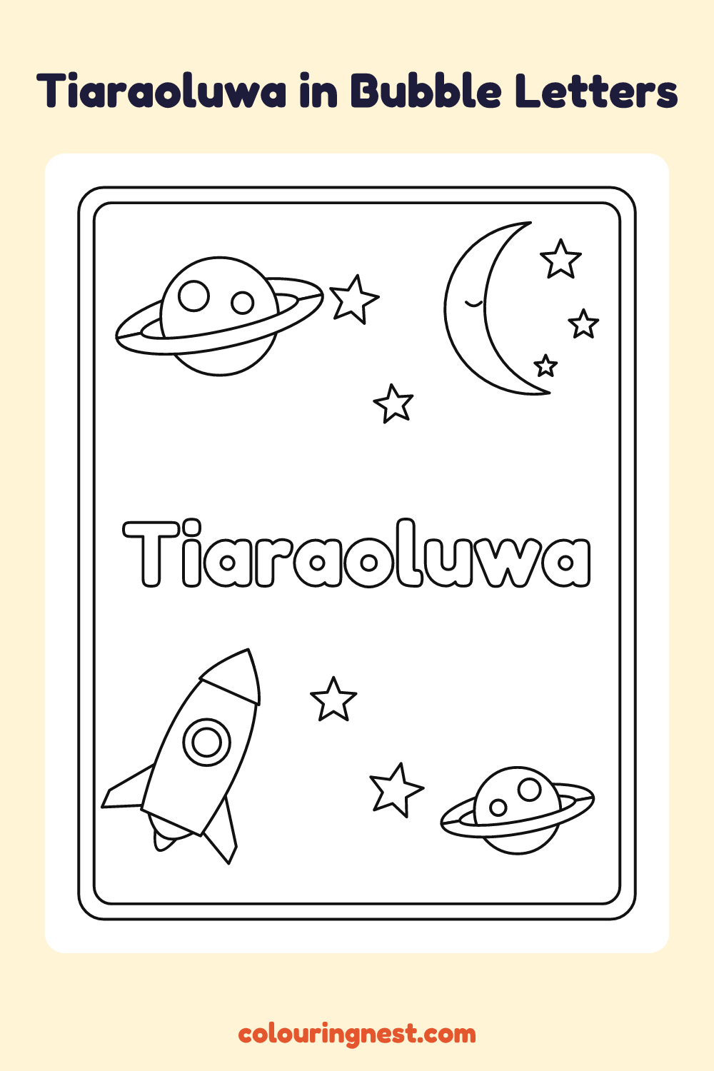 Tiaraoluwa in Bubble Letters coloring page: free printable black-and-white line art