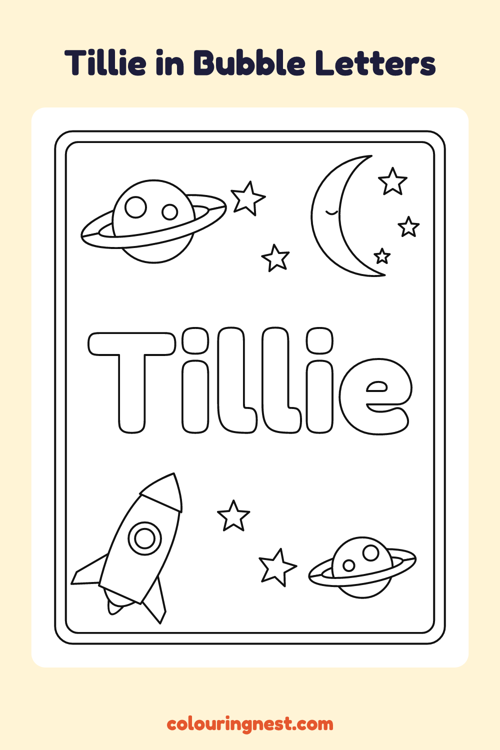 Tillie in Bubble Letters coloring page: free printable black-and-white line art
