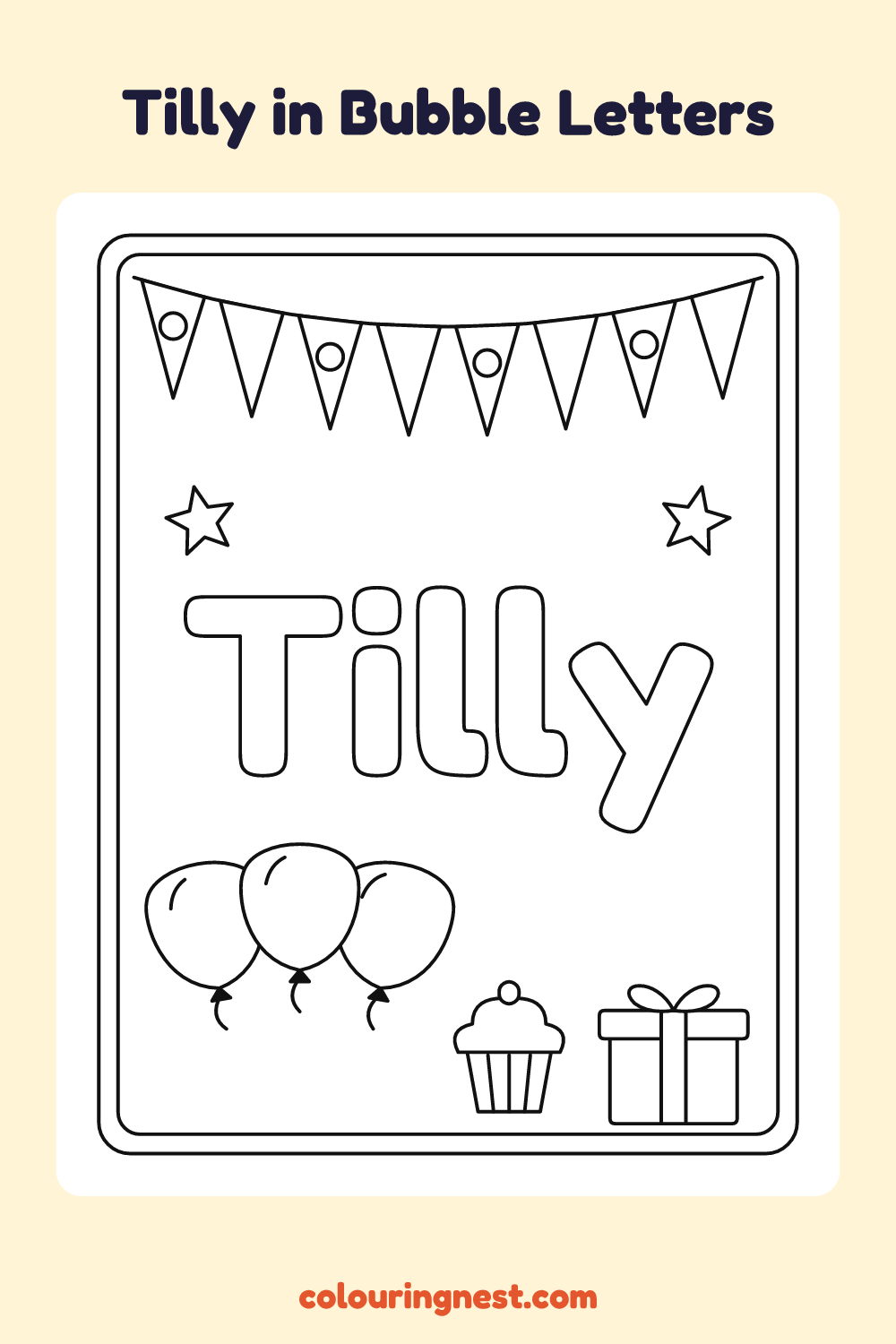 Tilly in Bubble Letters coloring page: free printable black-and-white line art