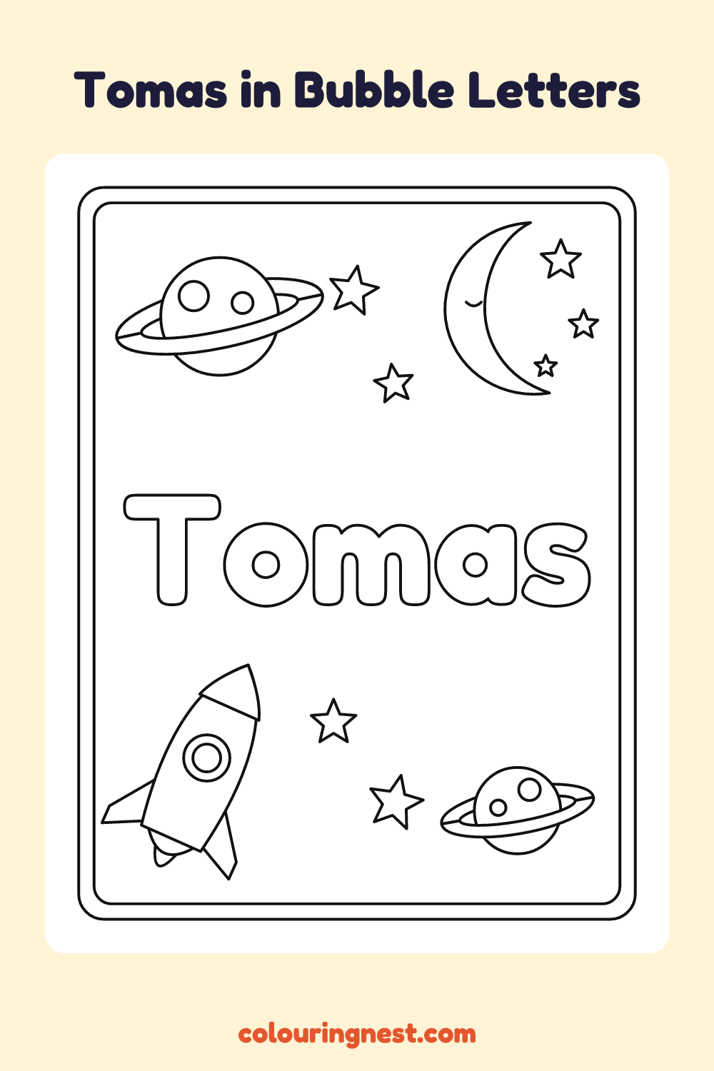 Tomas in Bubble Letters coloring page: free printable black-and-white line art