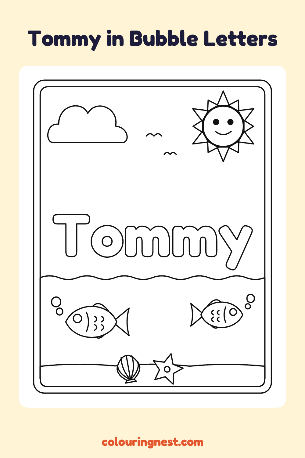 Tommy in Bubble Letters coloring page: free printable black-and-white line art