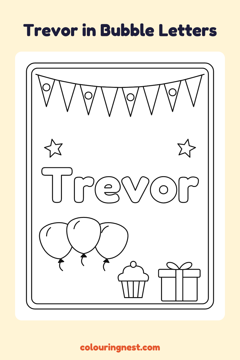Trevor in Bubble Letters coloring page: free printable black-and-white line art