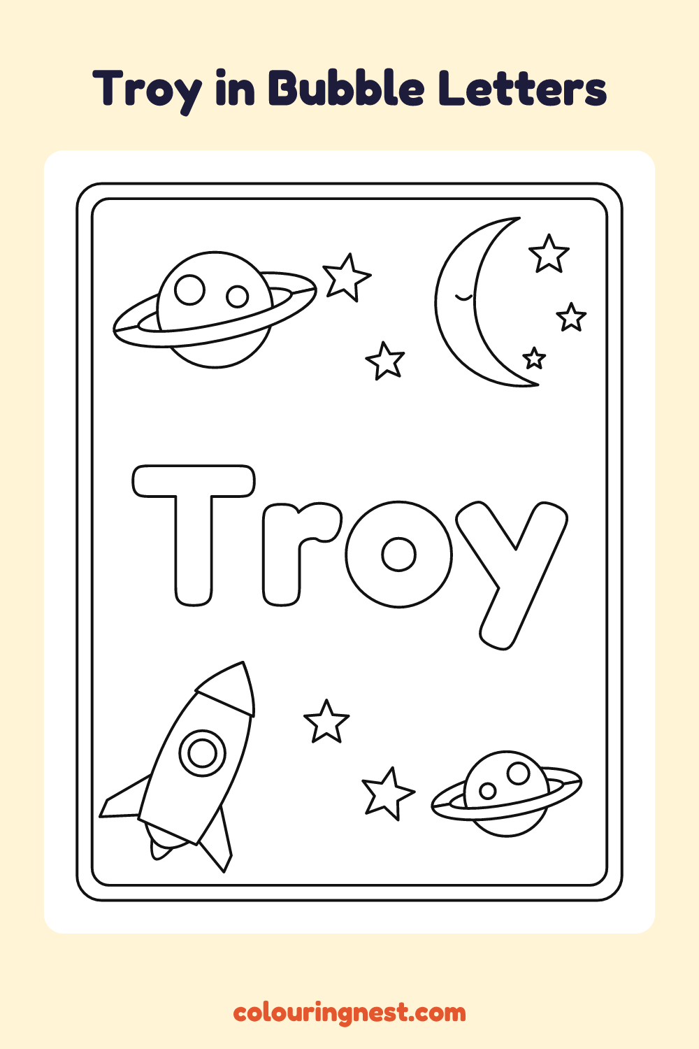 Troy in Bubble Letters coloring page: free printable black-and-white line art