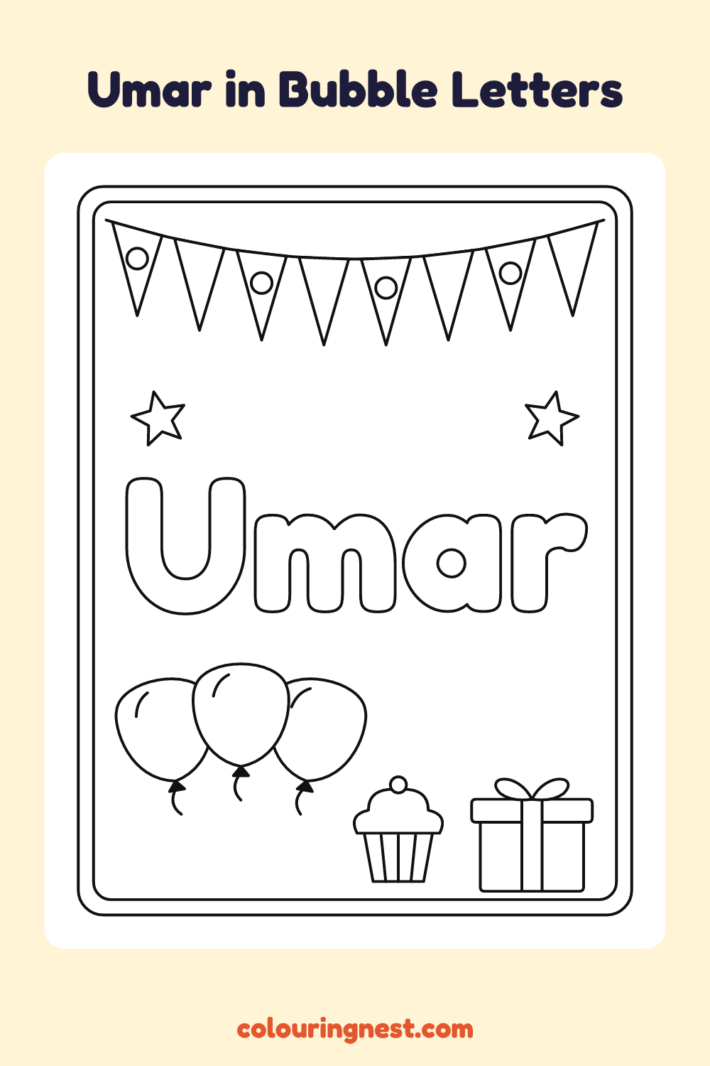 Umar in Bubble Letters coloring page: free printable black-and-white line art