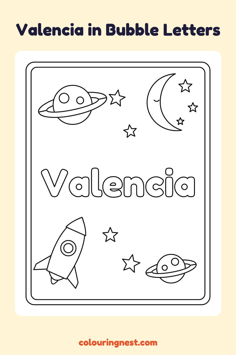 Valencia in Bubble Letters coloring page: free printable black-and-white line art