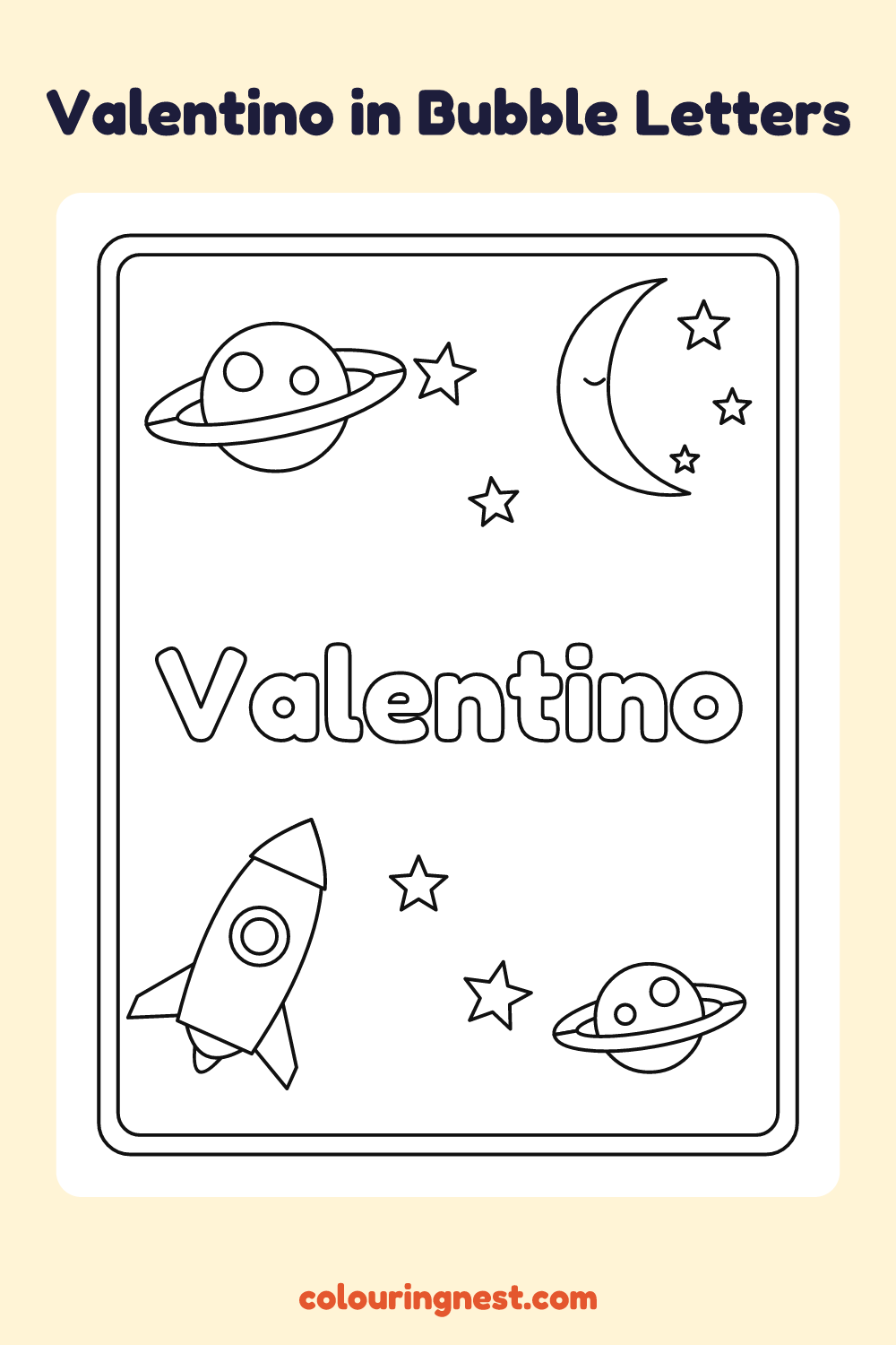 Valentino in Bubble Letters coloring page: free printable black-and-white line art