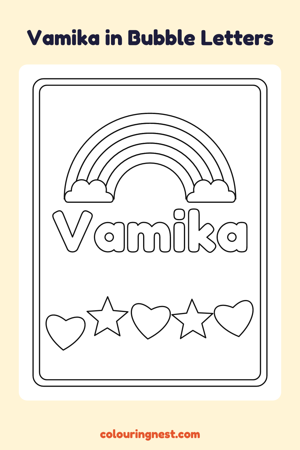 Vamika in Bubble Letters coloring page: free printable black-and-white line art