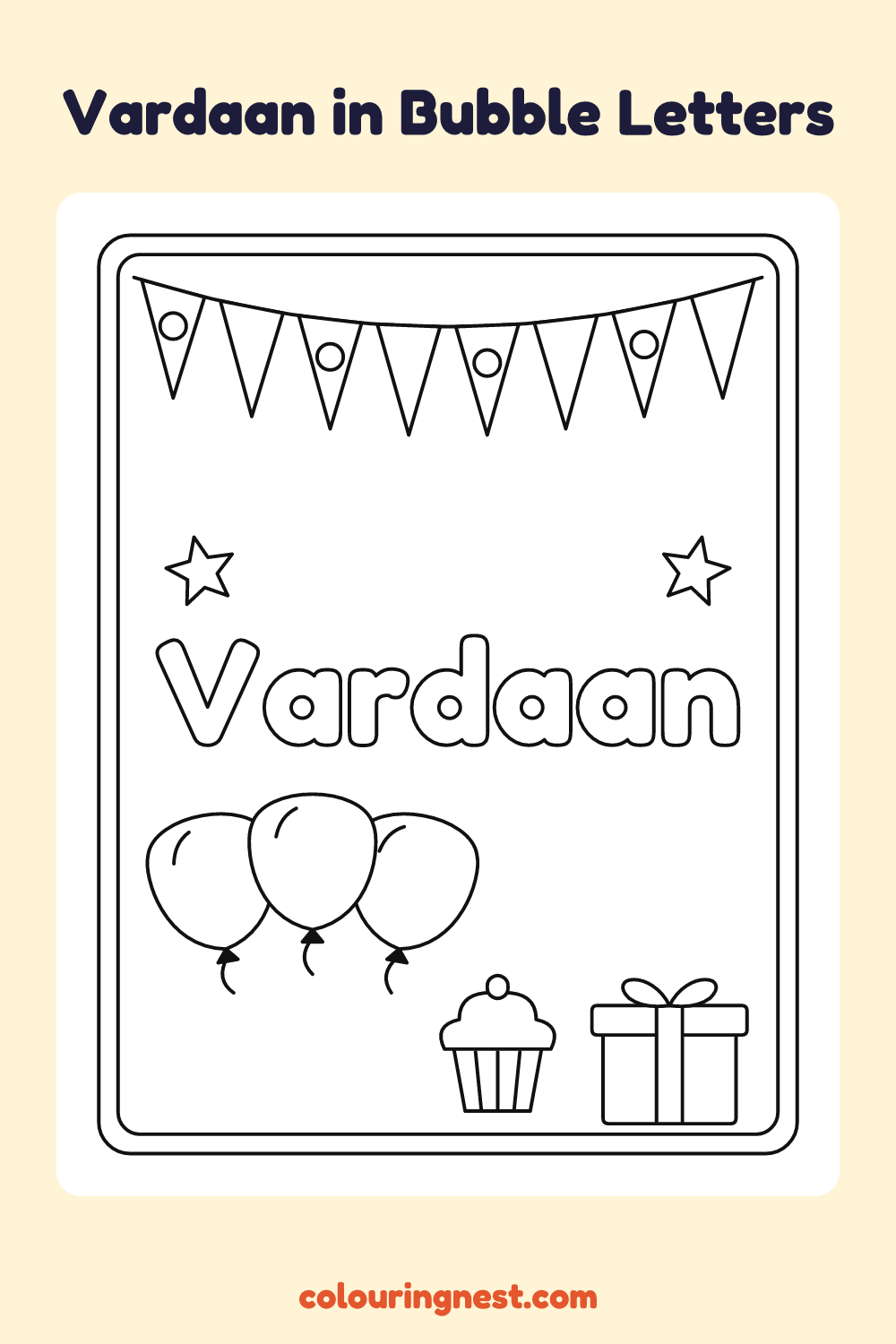 Vardaan in Bubble Letters coloring page: free printable black-and-white line art