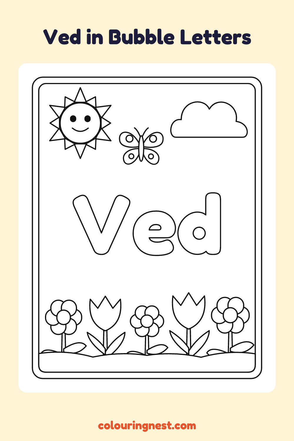 Ved in Bubble Letters coloring page: free printable black-and-white line art