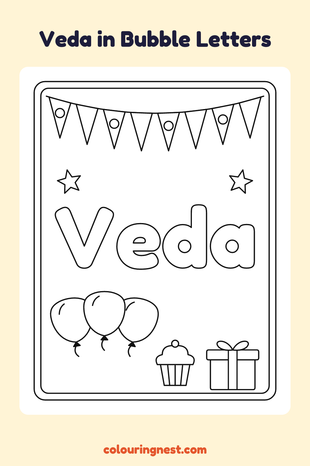 Veda in Bubble Letters coloring page: free printable black-and-white line art