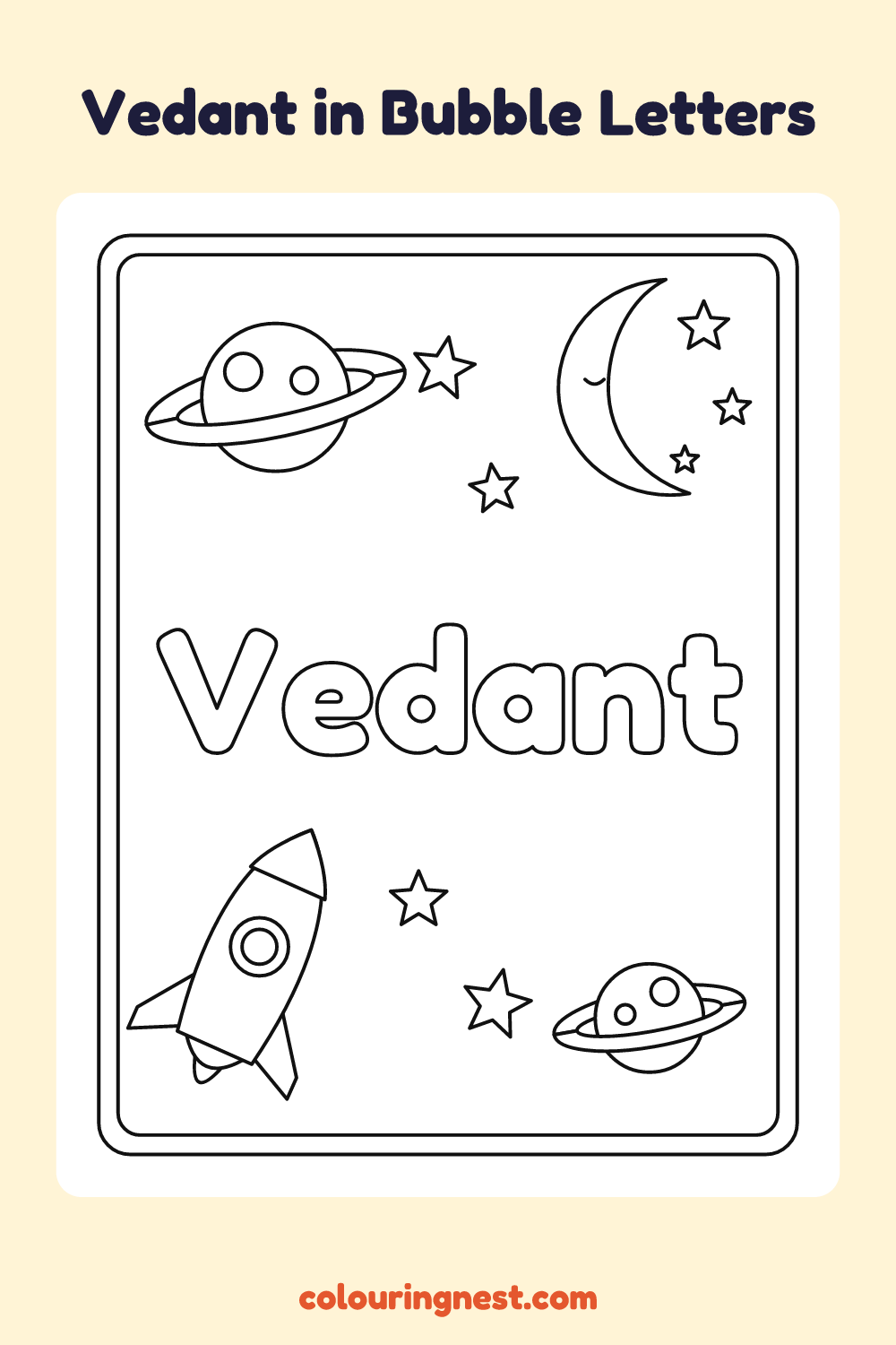 Vedant in Bubble Letters coloring page: free printable black-and-white line art
