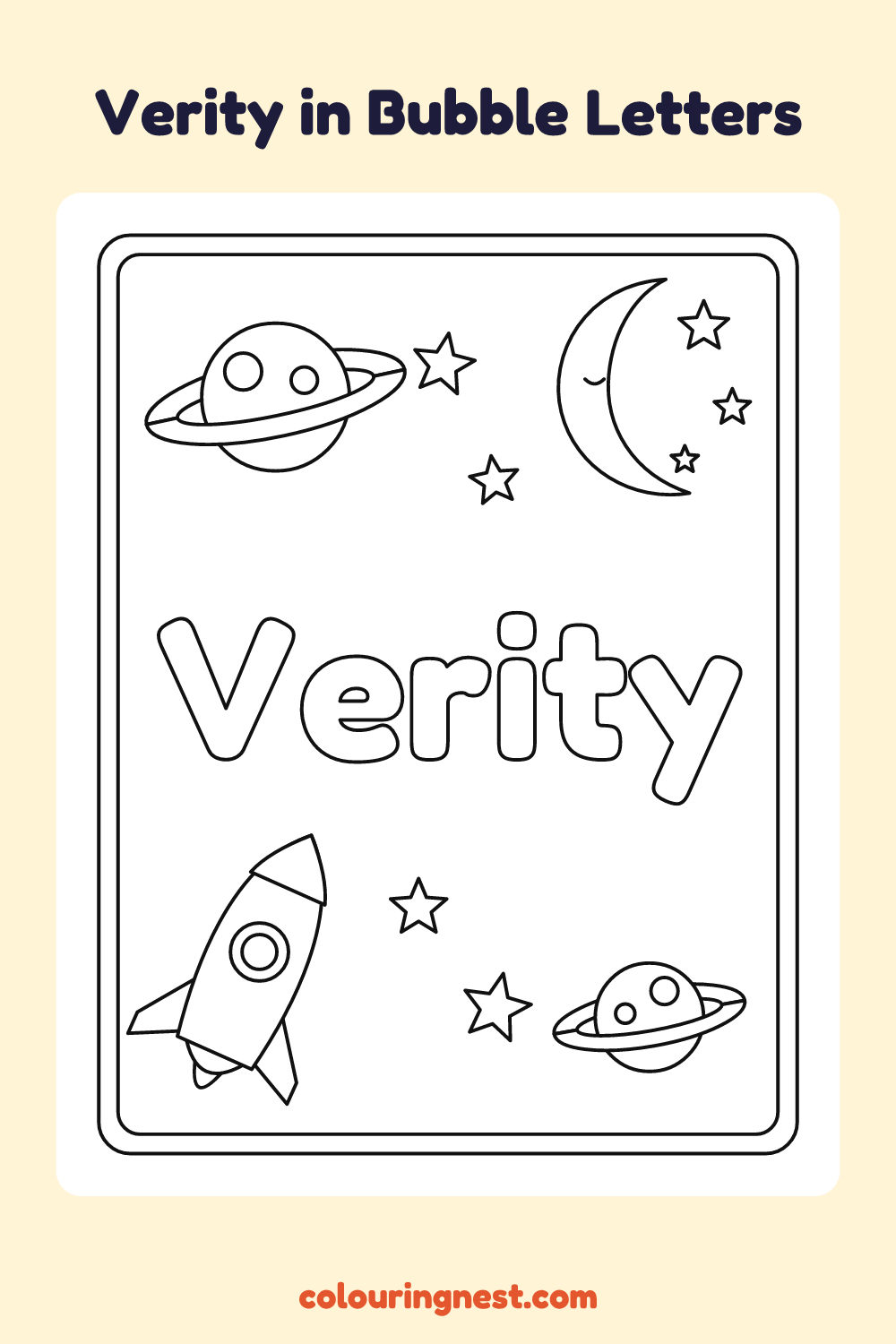 Verity in Bubble Letters coloring page: free printable black-and-white line art