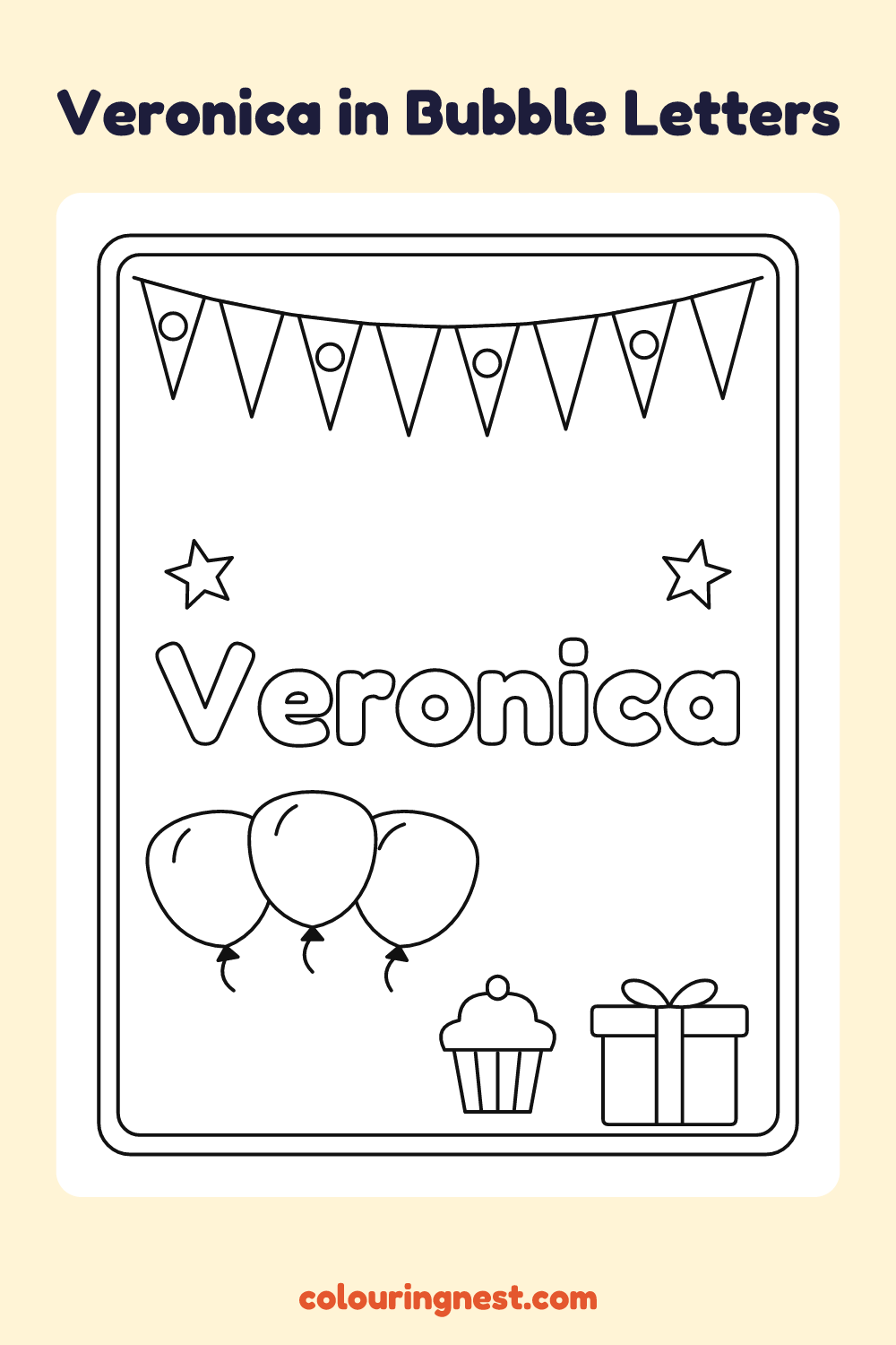 Veronica in Bubble Letters coloring page: free printable black-and-white line art