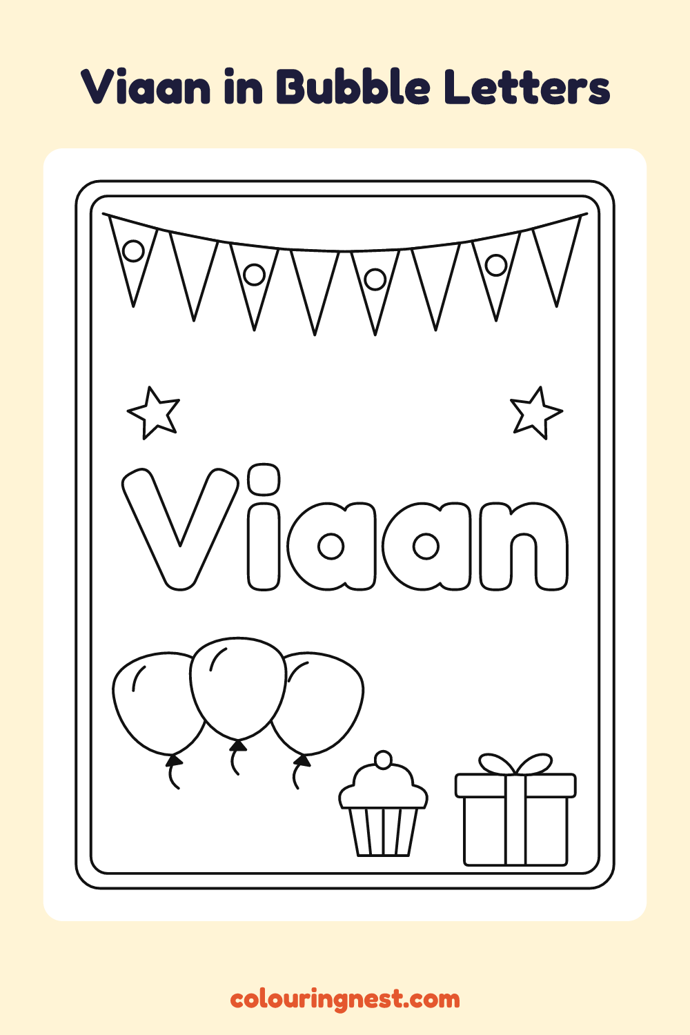 Viaan in Bubble Letters coloring page: free printable black-and-white line art