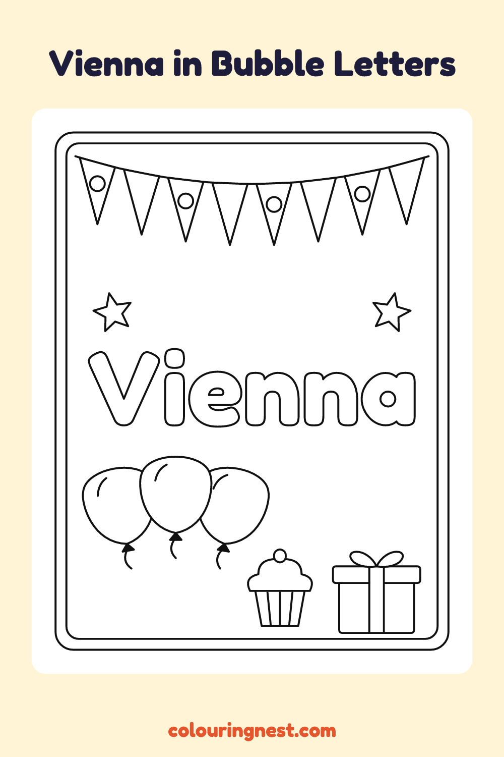 Vienna in Bubble Letters coloring page: free printable black-and-white line art