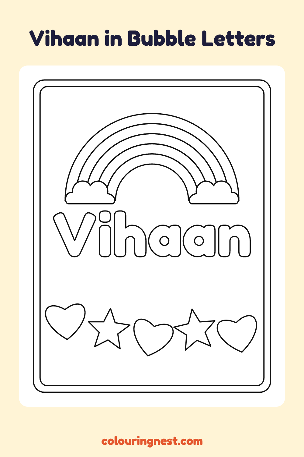 Vihaan in Bubble Letters coloring page: free printable black-and-white line art