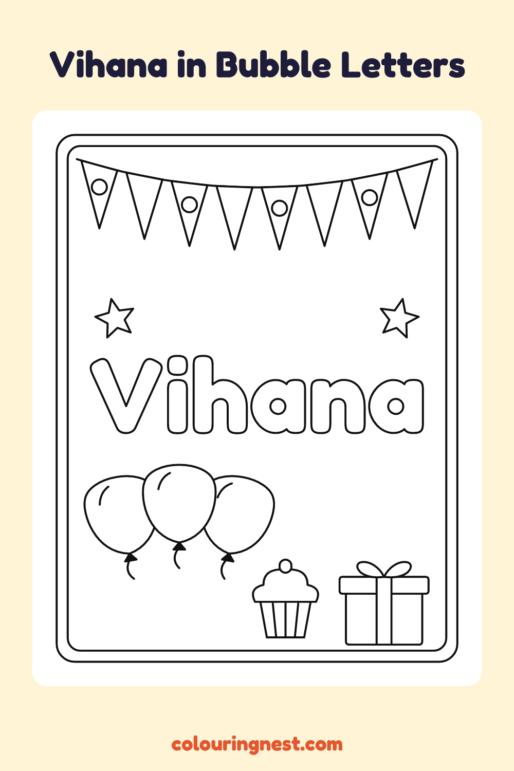 Vihana in Bubble Letters coloring page: free printable black-and-white line art