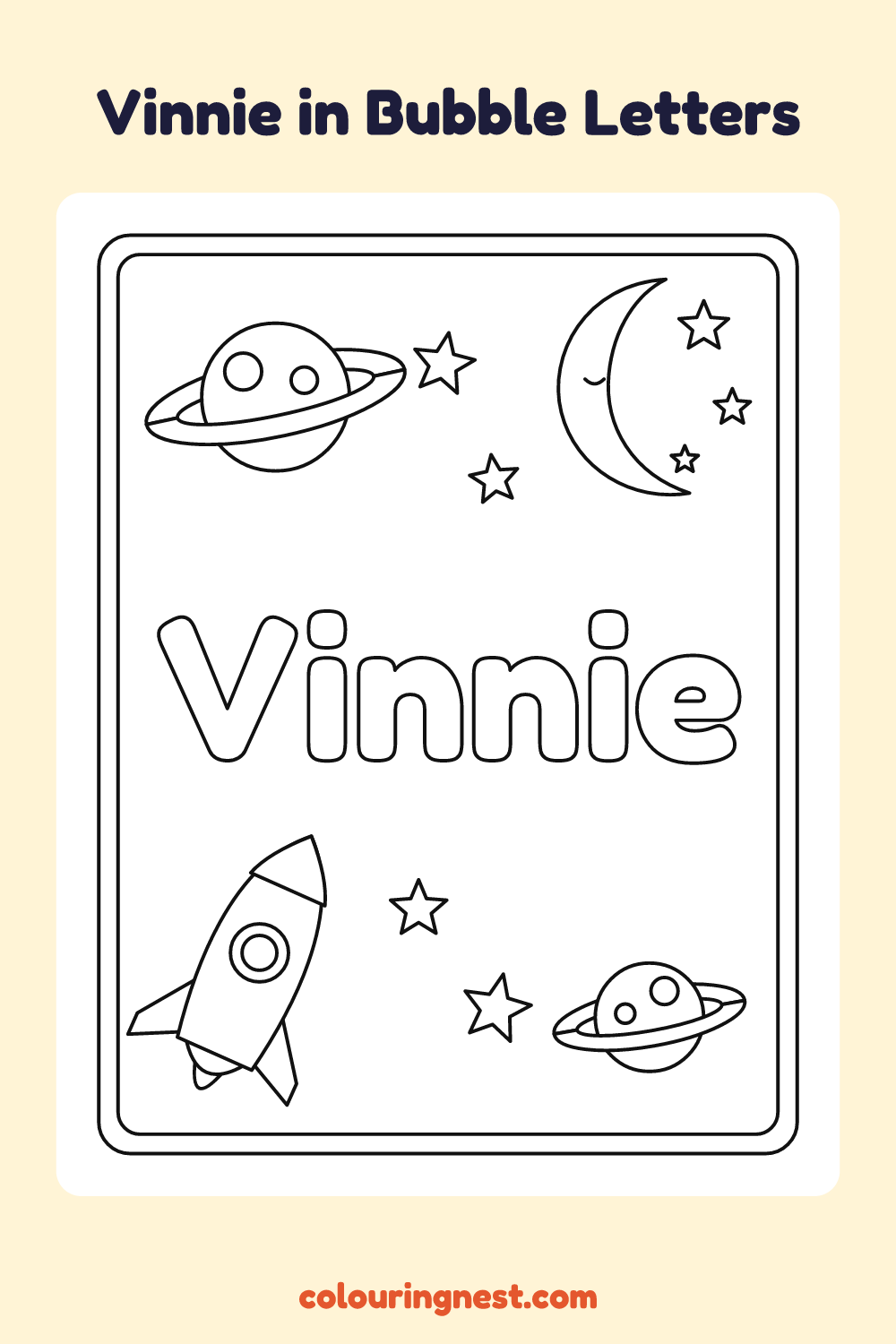 Vinnie in Bubble Letters coloring page: free printable black-and-white line art