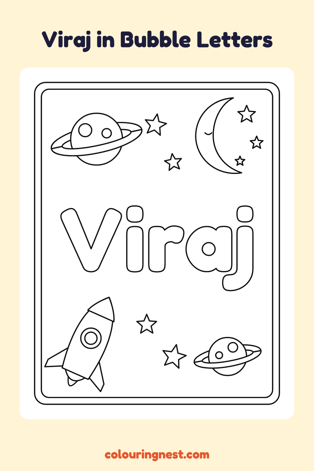 Viraj in Bubble Letters coloring page: free printable black-and-white line art