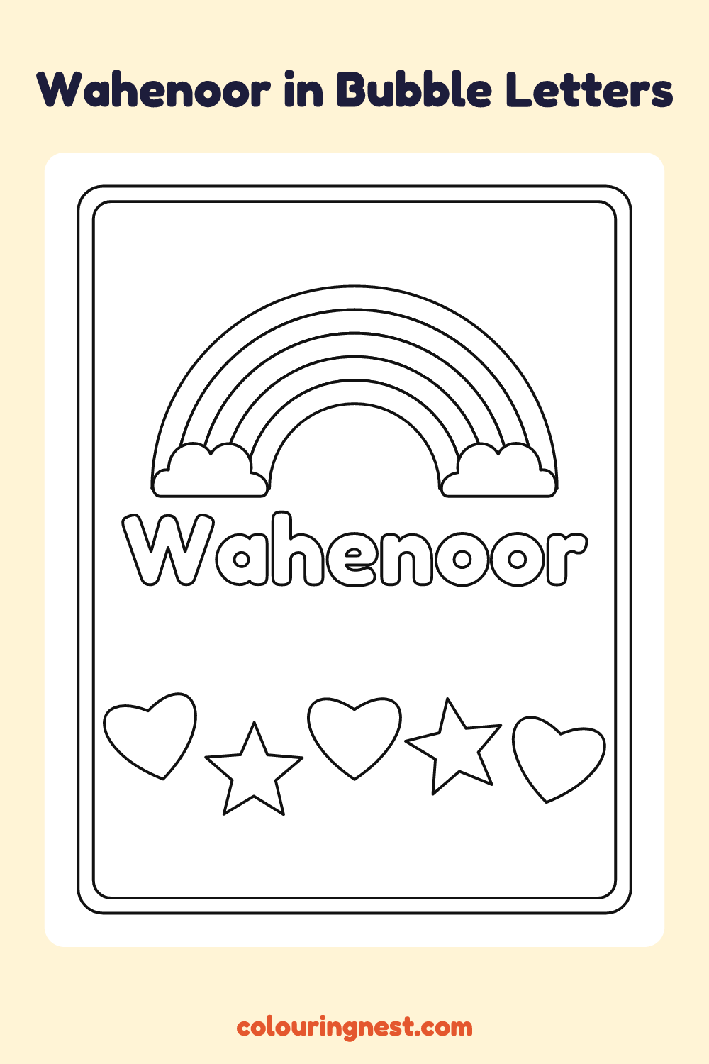 Wahenoor in Bubble Letters coloring page: free printable black-and-white line art