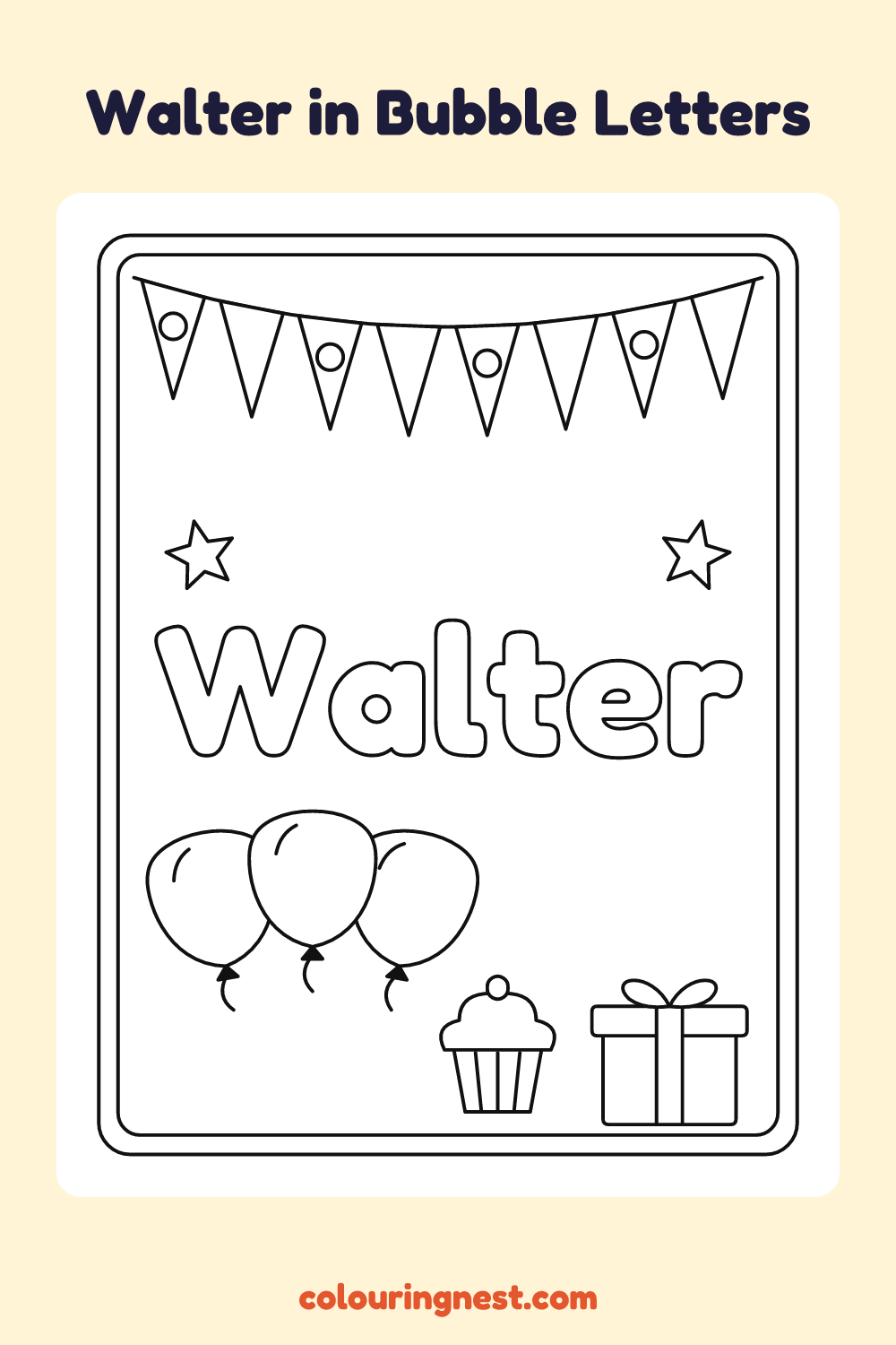 Walter in Bubble Letters coloring page: free printable black-and-white line art