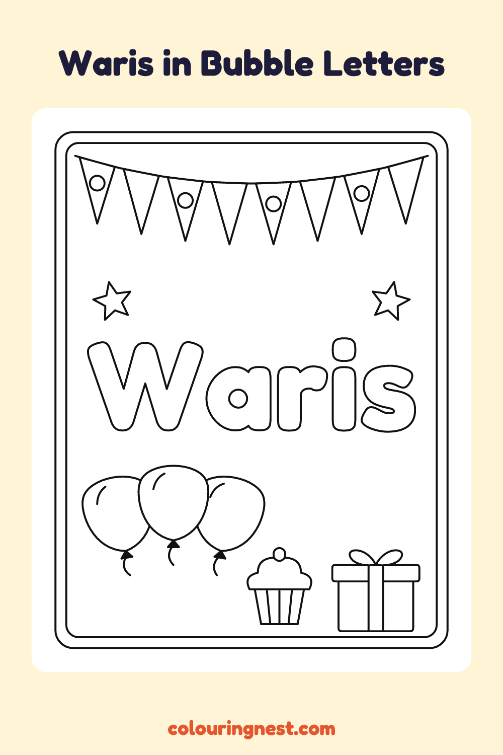 Waris in Bubble Letters coloring page: free printable black-and-white line art