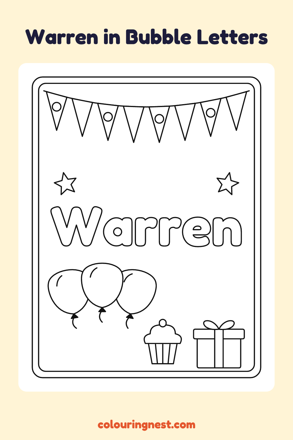 Warren in Bubble Letters coloring page: free printable black-and-white line art