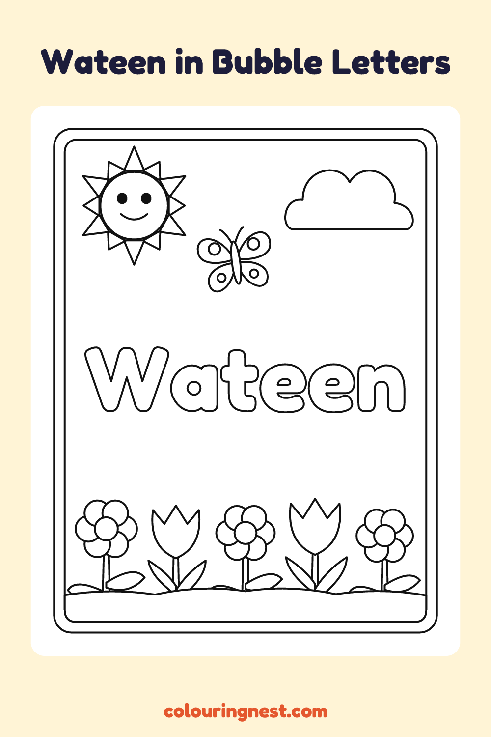 Wateen in Bubble Letters coloring page: free printable black-and-white line art