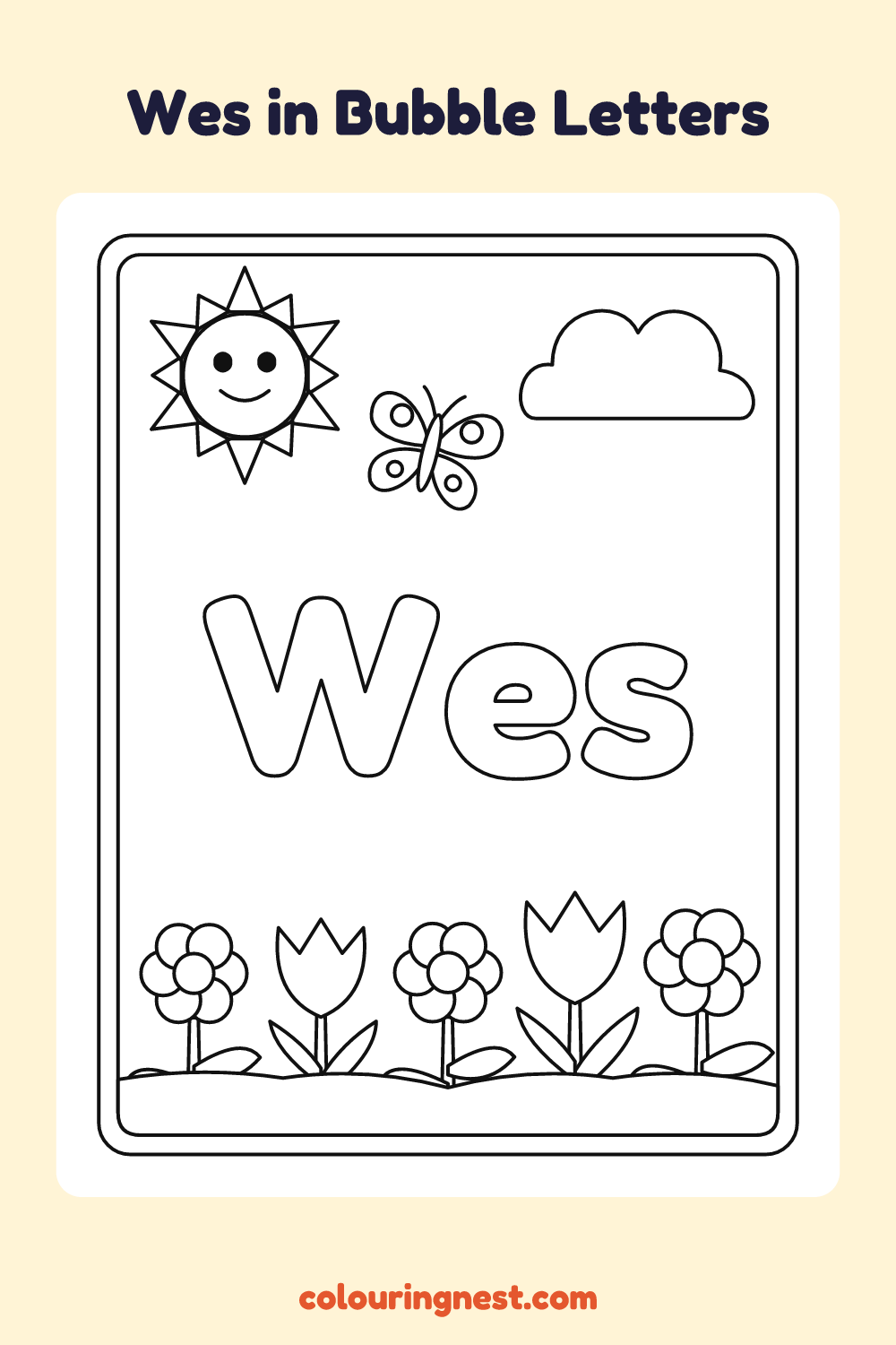 Wes in Bubble Letters coloring page: free printable black-and-white line art