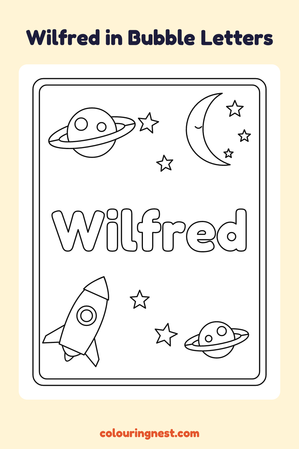 Wilfred in Bubble Letters coloring page: free printable black-and-white line art