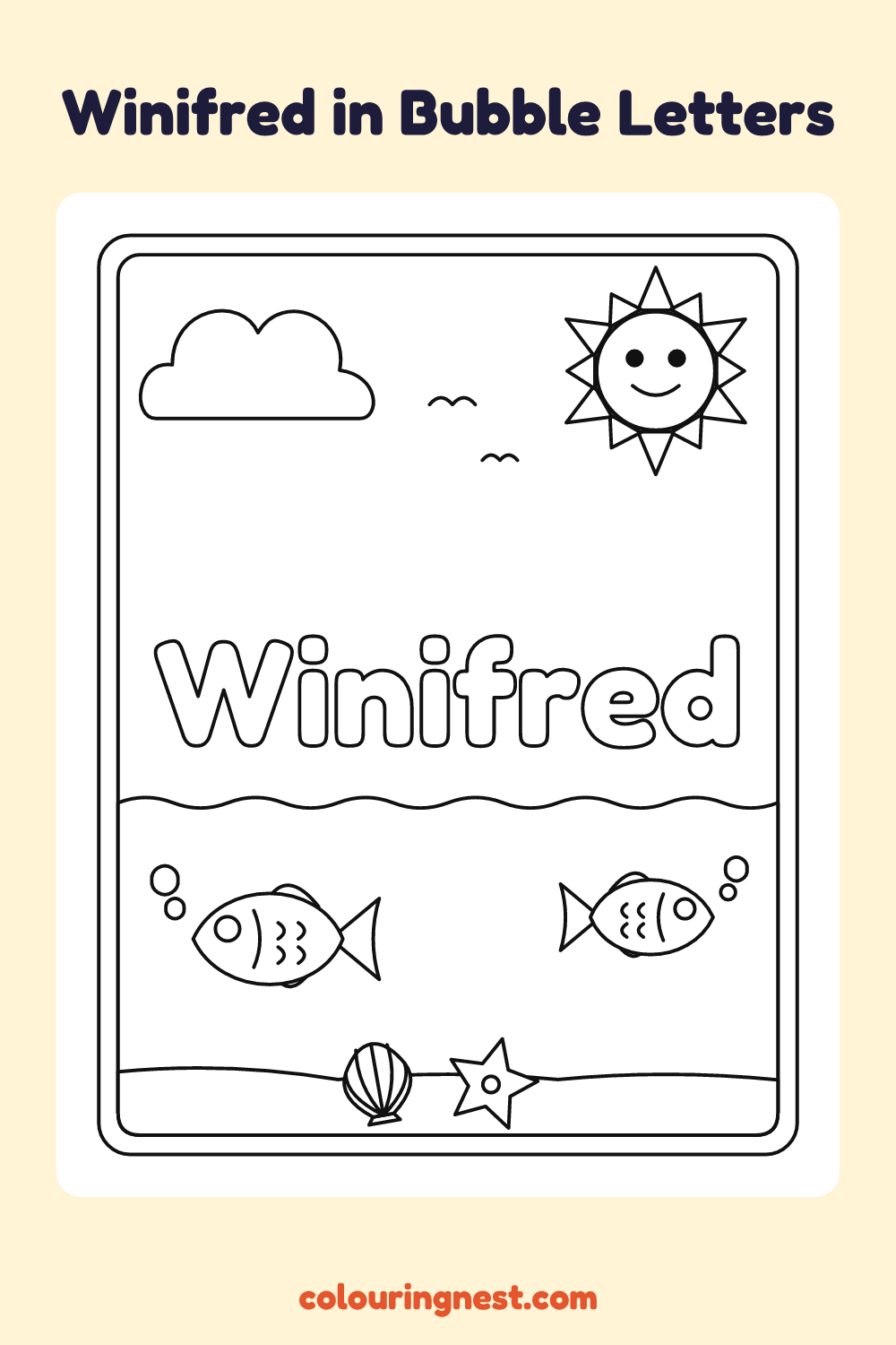 Winifred in Bubble Letters coloring page: free printable black-and-white line art