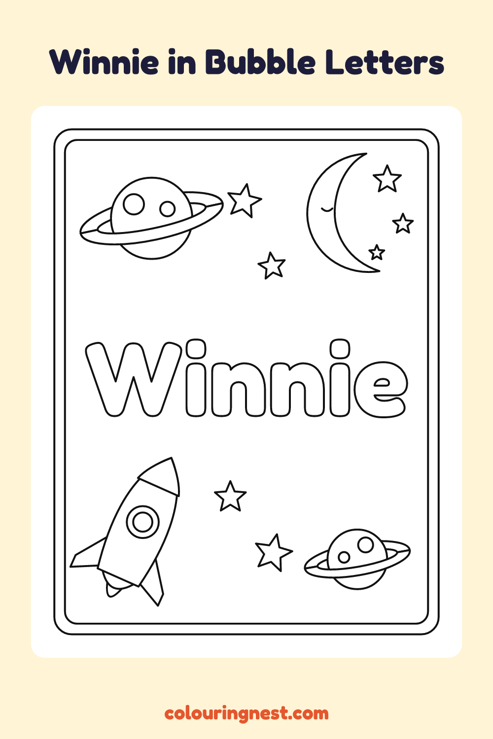 Winnie in Bubble Letters coloring page: free printable black-and-white line art