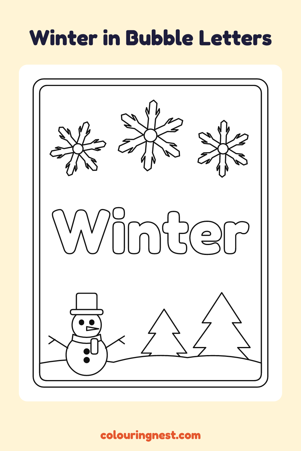 Winter in Bubble Letters coloring page: free printable black-and-white line art