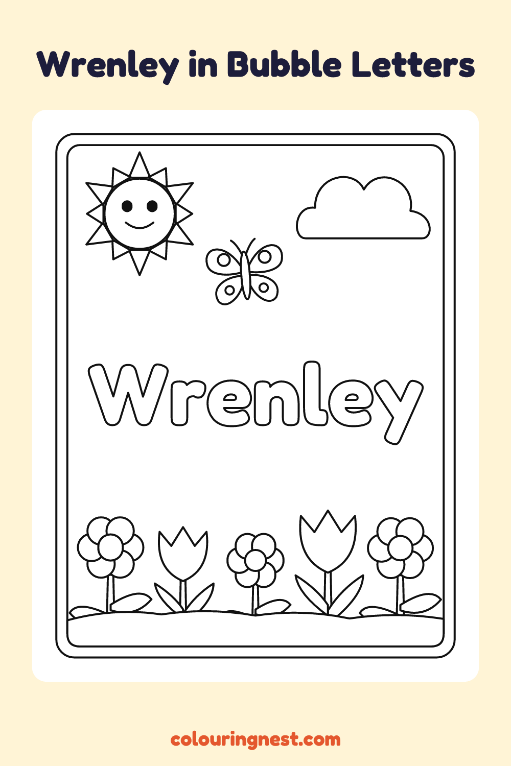 Wrenley in Bubble Letters coloring page: free printable black-and-white line art