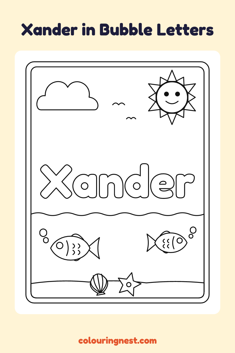 Xander in Bubble Letters coloring page: free printable black-and-white line art