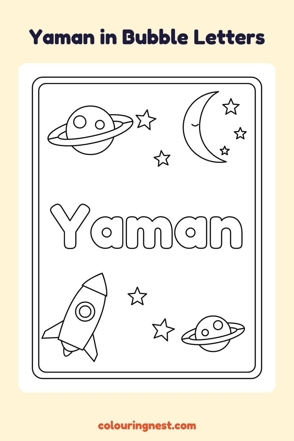 Yaman in Bubble Letters coloring page: free printable black-and-white line art