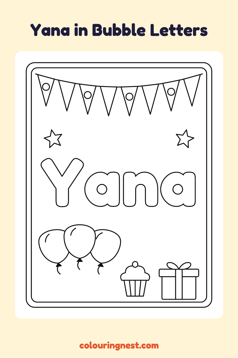 Yana in Bubble Letters coloring page: free printable black-and-white line art